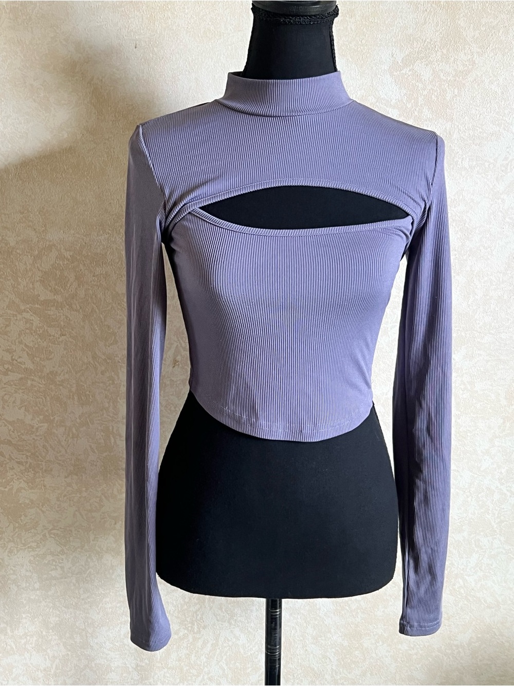 Purple Cutout Long-Sleeve Mock Neck crop Top - ribbed